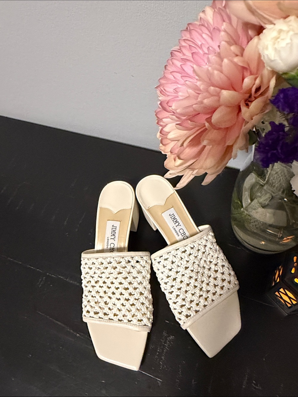 Jimmy Choo Cream White Woven Square-Toe Slide Mules with Low Block Heel